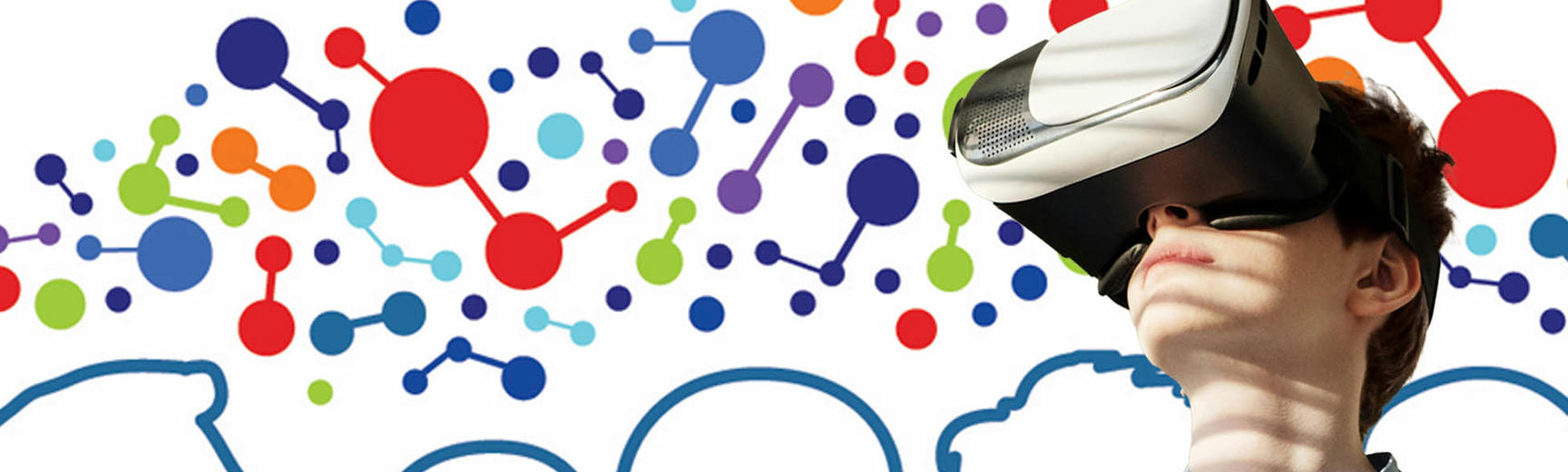 A boy wearing a VR headset against a background of coloured dots joined by lines