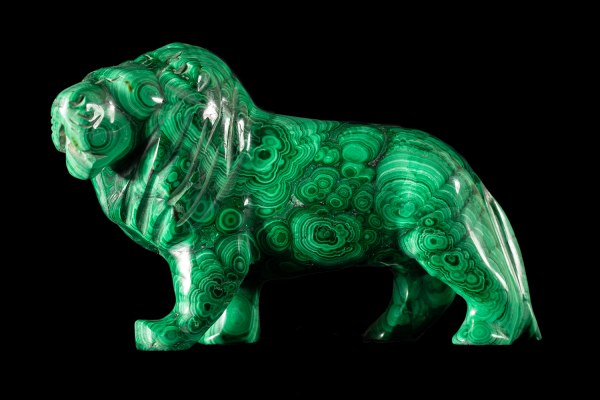 Malachite lion gemstone, mineralogy collection at the Oxford University Museum of Natural History