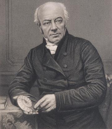 Engraving of William Buckland seated and holding a fossil ammonite in his hand