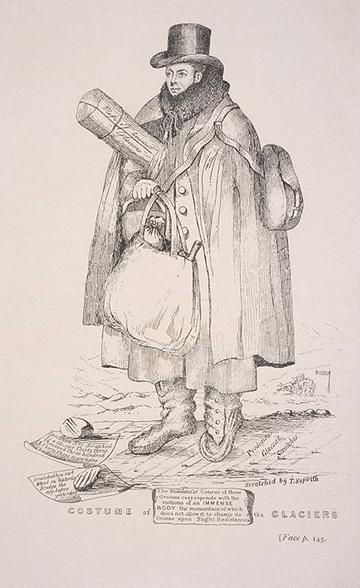 Satirical drawing of William Buckland dressed in heavy gear for a glacier expedition, holding scientific instruments