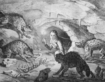 Illustration of William Buckland entering Kirkdale Cave surrounded by hyenas and bones