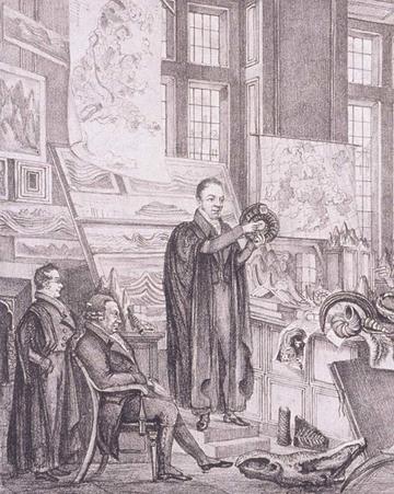 Scene of William Buckland giving a lecture with fossils and maps in the background
