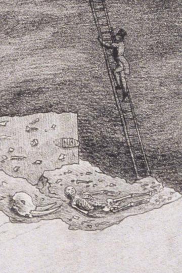 Illustration of a man climbing a ladder into Paviland cave with human and animal skeletons
